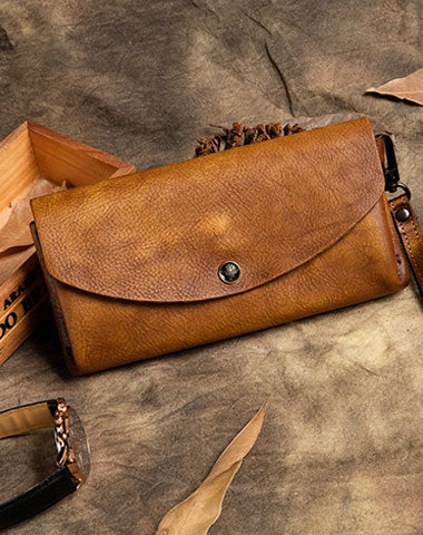 Handmade Long Leather Wallet Vintage Wallet Botton Clucth Purse For Women - EverHandmade