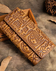 Handmade Long Leather Wallet Carved Vintage Wallet Botton Clucth Purse For Men Women - EverHandmade