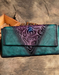 Handmade Long Leather Wallet Ethnic Vintage Wallet Zip Clucth Purse For Women