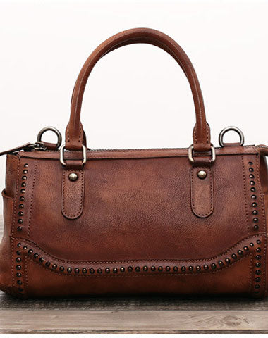 Genuine Handmade Boston Bag Vintage Leather Rivet Biker Handbag Shoulder Bag Women Leather Purse - EverHandmade