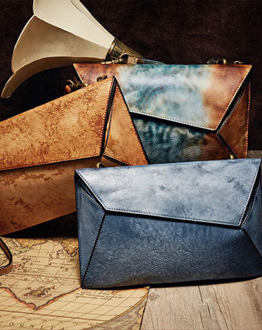 Handmade Vintage Leather Handbag Geometirc Envelope Crossbody Bag Shoulder bag Leather Clutch Wallet For Women - EverHandmade