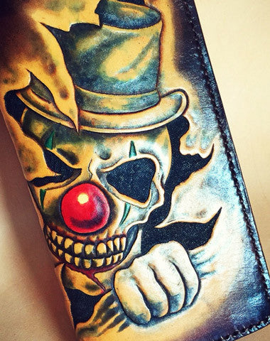 Handmade leather tooled carved wallet long wallet clown skull men biker long wallet - EverHandmade