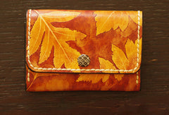 Handcraft leather yellow terracotta maple leaf coin change wallet case pouch for women