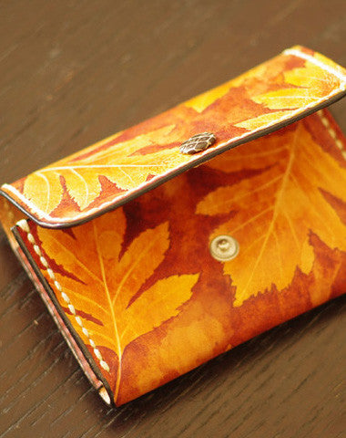 Handcraft leather yellow terracotta maple leaf coin change wallet case pouch for women