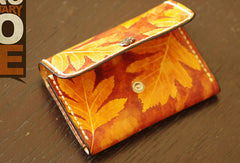 Handcraft leather yellow terracotta maple leaf coin change wallet case pouch for women