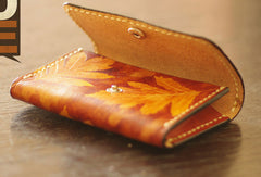 Handcraft leather yellow terracotta maple leaf coin change wallet case pouch for women