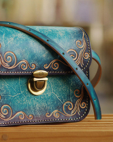 Handmade leather shoulder bag crossbody bag purse vintage carved green for her - EverHandmade