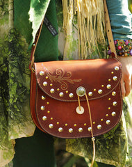 Handcraft retro crossbody leather rivet hand dyed shoulder bag /handbag for women - EverHandmade
