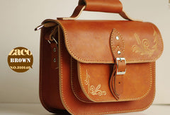 Handcraft vintage floral leather Carved Satchel shoulder bag purse for women girl