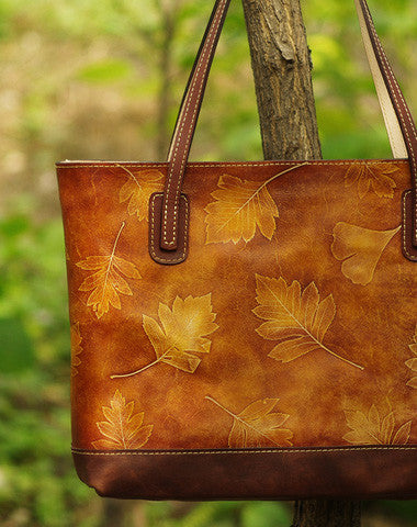 Handmade leather tote bag vintage leaves Tan blue shoulder bag large retro for her - EverHandmade