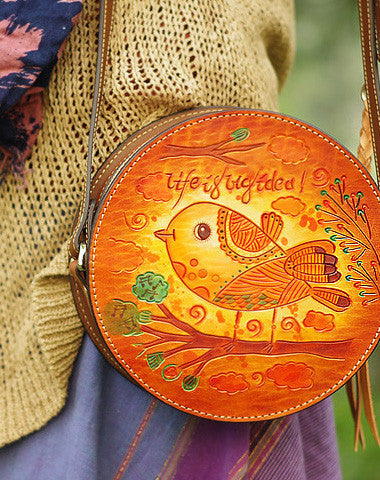 Handcraft retro crossbody leather round hand dyed shoulder bag /handbag for women - EverHandmade