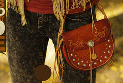 Handcraft vintage floral leather rivet Carved hip bag belt bag pocket for women girl - EverHandmade