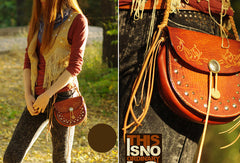 Handcraft vintage floral leather rivet Carved hip bag belt bag pocket for women girl - EverHandmade