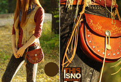 Handcraft vintage floral leather rivet Carved hip bag belt bag pocket for women girl