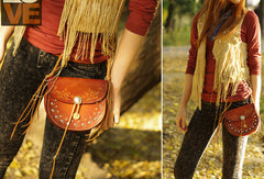 Handcraft vintage floral leather rivet Carved hip bag belt bag pocket for women girl - EverHandmade