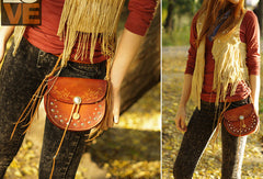 Handcraft vintage floral leather rivet Carved hip bag belt bag pocket for women girl
