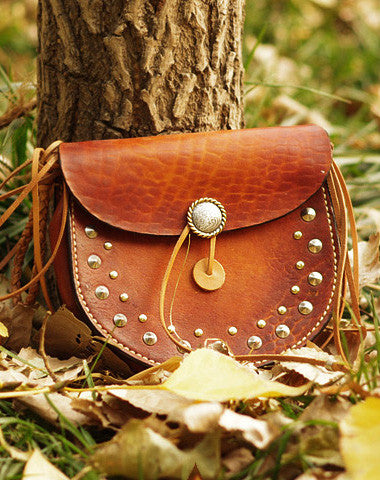Handcraft vintage floral leather rivet Carved hip bag belt bag pocket for women girl - EverHandmade