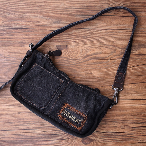 Vintage Womens Black Denim Baguette Bag Black - Back View
