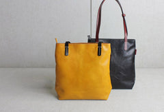 Handmade leather tote bag black yellow vintage shoulder bag shopper bag women
