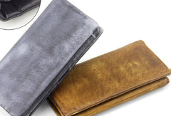 Handmade men long leather wallet men trifold vintage gray brown long wallet for him