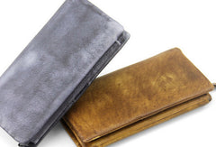 Handmade men long leather wallet men trifold vintage gray brown long wallet for him