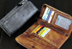 Handmade mens long leather wallet men vintage long wallet for men