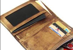 Handmade men billfold leather wallet men vintage navy brown billfold wallet for him