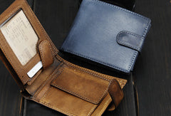 Handmade men billfold leather wallet men vintage brown navy billfold wallet for him - EverHandmade