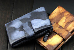 Handmade men billfold leather wallet men vintage brown blue camouflage billfold wallet for him