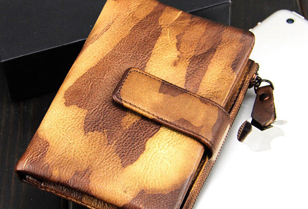 Handmade men billfold leather wallet men vintage brown blue camouflage billfold wallet for him