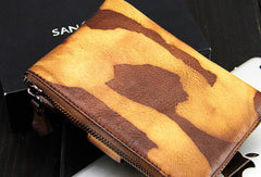 Handmade men billfold leather wallet men vintage brown blue camouflage billfold wallet for him