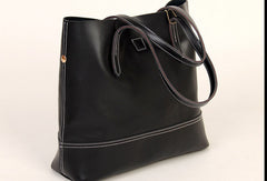 Handmade vintage black leather normal tote bag shoulder bag handbag for women