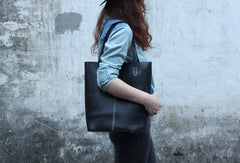 Handmade vintage rustic leather normal black tote bag shoulder bag handbag for women