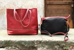 Handmade vintage black leather normal tote bag shoulder bag handbag for women