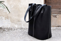 Handmade vintage rustic leather normal black tote bag shoulder bag handbag for women