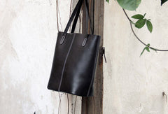 Handmade vintage rustic leather normal black tote bag shoulder bag handbag for women