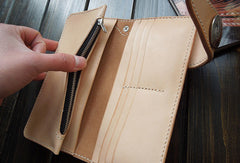 Open view--Handmade natural  leather long biker wallet for men/women with 2 full size bill slots/holder, 6 credit/ID card slots/holder, 1 zip coin slot/holder
