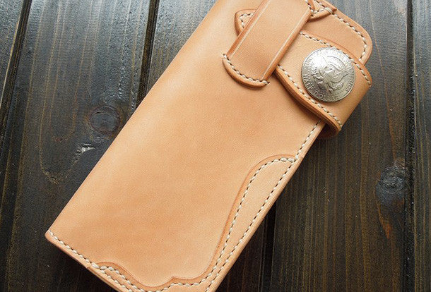 Front view--Handmade bifold  natural leather long wallet purse clutch for men/women with card icon holder