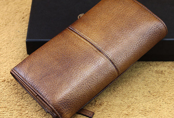 men long leather wallet men bifold vintage gray brown long wallet clutch for him