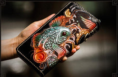 Handmade Leather Tooled Carp Mens Biker Chain Wallets Cool Leather Wallet Long Chain Wallets for Men