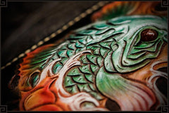 Handmade Leather Tooled Carp Mens Biker Chain Wallets Cool Leather Wallet Long Chain Wallets for Men