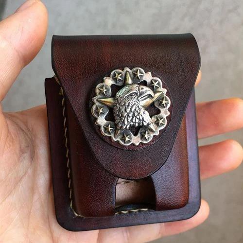 Handmade Brown Leather Mens Classic Zippo Lighter - Back View