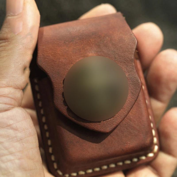 Cool Handmade Brown Leather Mens Zippo Lighter - Back View
