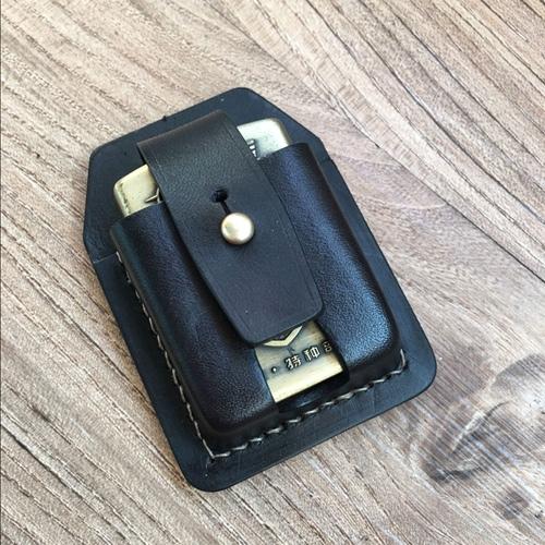 Handmade Black Leather Classic Zippo Lighter Case - Back View