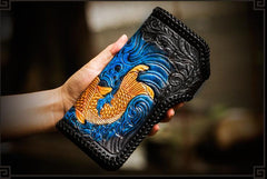 Handmade Leather Tooled Carp Mens Biker Chain Wallet Cool Leather Wallet Long Phone Wallets for Men