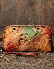 Handmade Clover Olive Green Leather Wristlet Wallets Womens Zip Around Wallet Ladies Cute Clutch Wallet for Women