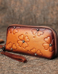 Handmade Clover Colorful Brown Leather Wristlet Wallets Womens Zip Around Wallet Ladies Cute Clutch Wallet for Women