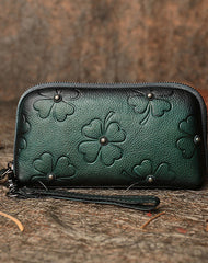 Handmade Clover Green Leather Wristlet Wallets Womens Zip Around Wallet Ladies Cute Clutch Wallet for Women