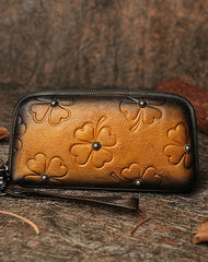 Handmade Clover Brown Leather Wristlet Wallets Womens Zip Around Wallet Ladies Cute Clutch Wallet for Women
