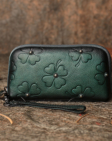 Handmade Clover Brown Leather Wristlet Wallets Womens Zip Around Wallet Ladies C WW01781052